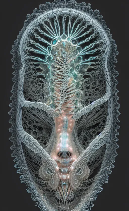 Image similar to gothic goddess intricate mask, eagle coral, jelly fish, mandelbulb 3 d, fractal flame, octane render, cyborg, biomechanical, futuristic, by ernst haeckel