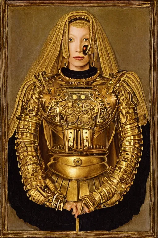 Prompt: portrait of christine turlington as warrior of dark futuristic robotic world, by jan van eyck, alfred gilbert, mysticism, intricate, highly ornate dark gold trim armoury