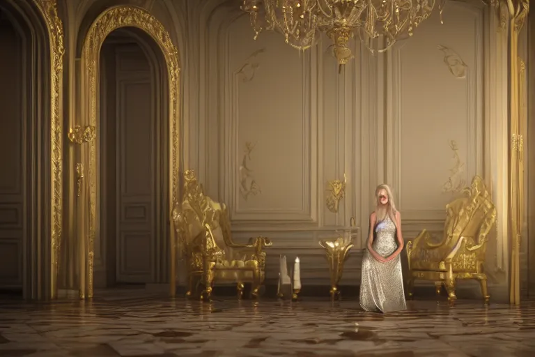 Prompt: beautiful blonde woman standing in throne room, octane render, hyper realism