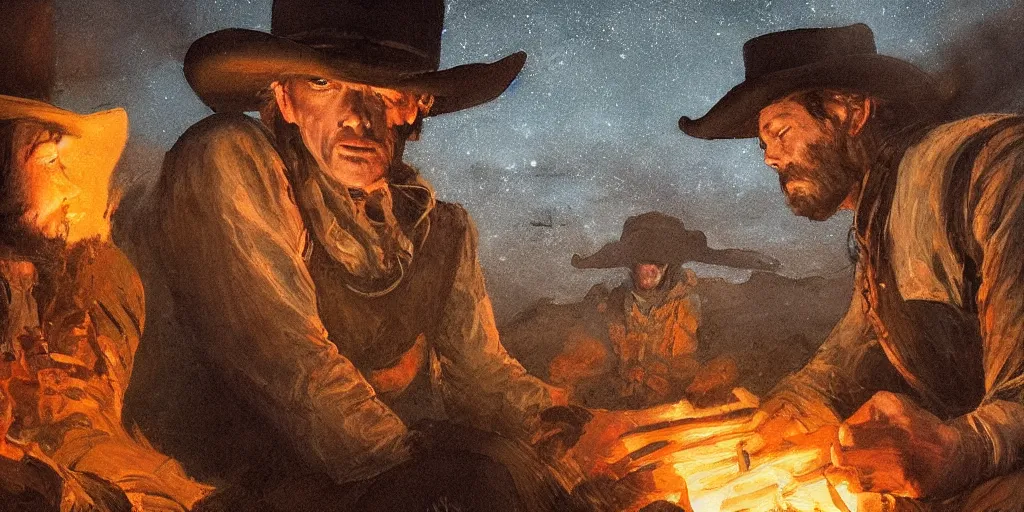 Prompt: in the old west, at a campfire at night, close up portrait of one sleeping bandit scoot mcnairy ( ( alone ) and wide shot of one thomas brodie - sangster ( ( alone ) ) watches the stars and his horse grazes, in the style of a cinematic oil painting, warm color palate, astral