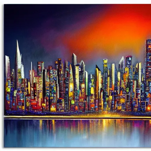 Image similar to sharp edged realistic painting of a city skyline with colorful buildings and a dark night black sky in the background