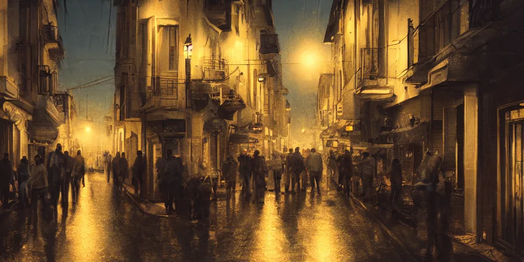 Image similar to cadiz street at night, crowded, 8K, trending on artstation, golden ratio, rule of thirds, low key, establishing shot, extremely high detail, concept art