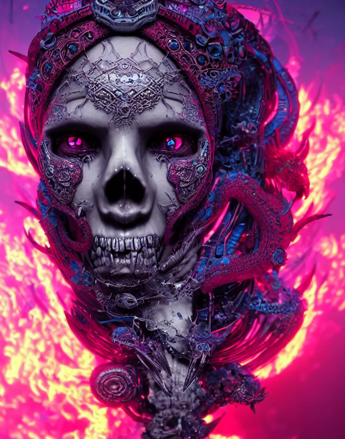 Prompt: demon goddess close-up portrait tribal slavic russian princess skull, ancient high tech, cyberpunk, dystopian, jellyfish phoenix dragon, butterfly squid, burning halo, intricate artwork by Tooth Wu and wlop and beeple, greg rutkowski, very coherent symmetrical artwork, cinematic, hyper realism, high detail, octane render, unreal engine, 8k, Vibrant colors, Smooth gradients, High contrast, depth of field, aperture f1.2