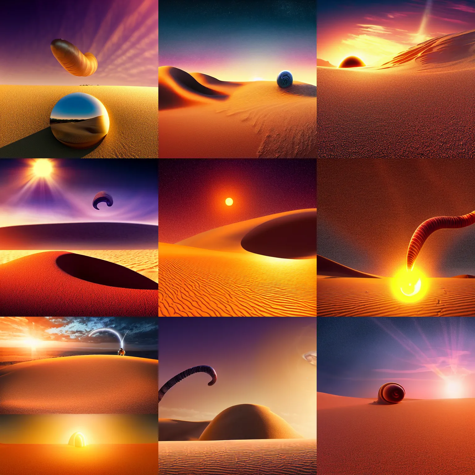 Prompt: sci-fi sand dunes with a giant worm in the distance, worm, golden hour, sunset, dune, photo, photography, hyper realistic, cinematic, god rays, bokeh, alien planet, science fiction