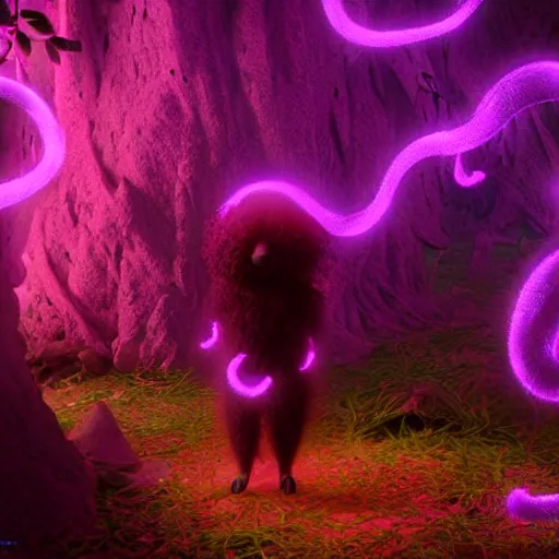 Image similar to a puli made out of tendrils of glowing purple magic, unreal engine, volumetric lighting, artstation