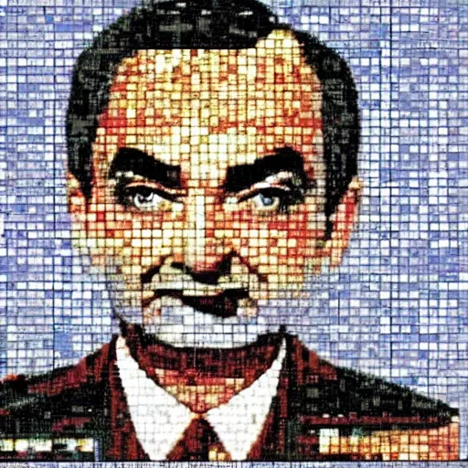 Image similar to a Soviet mosaic of Mr. Bean in military uniform