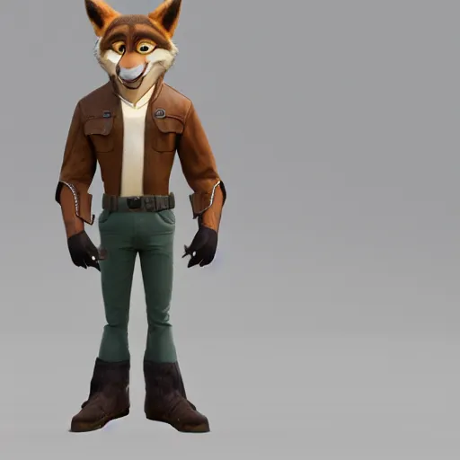 Image similar to full body, 3d render , anthropomorphic wolf male , wearing along brown leather jacket , in the style of Zootopia