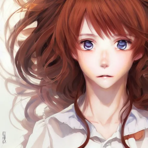 Image similar to An anime portrait of a young beautiful happy girl with straight reddish-brown hair, brown eyes, wearing a shirt, closed-mouth smile, by Stanley Artgerm Lau, WLOP, Rossdraws, James Jean, Andrei Riabovitchev, Marc Simonetti, and Sakimi chan, trending on artstation