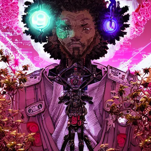 Prompt: afro samurai with very intricate glowing cybernetic eyes in a rose garden at night, apex legends character digital illustration portrait design, by noah bradley and android jones in a cyberpunk style, synthwave color scheme, dramatic lighting, hero pose, wide angle dynamic portrait