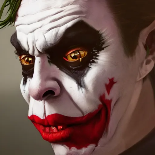 Image similar to a portrait of the joker, huggy wuggy from poppy playtime video game, fullbody, ultra high detailed, oil painting, greg rutkowski, charlie bowater, yuumei, yanjun cheng, unreal 5, daz, hyperrealistic, octane render, rpg portrait, dynamic lighting, fantasy art, beautiful face