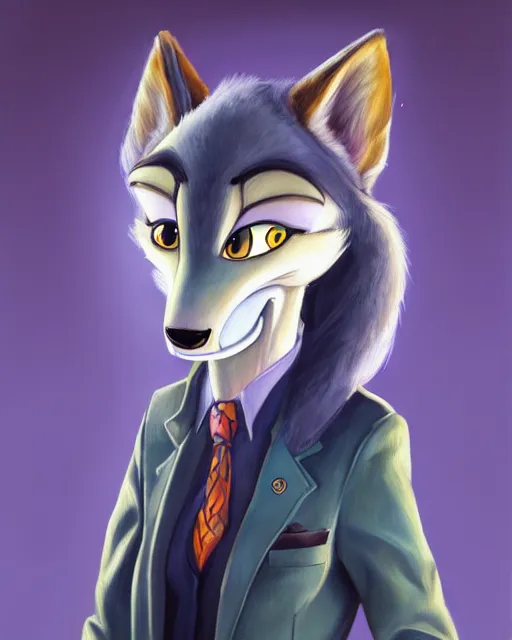 Prompt: oil painting of anthromorphic female wolf, in style of zootopia, zootopia, zootopia, fursona, furry, furaffinity, 4 k, deviantart, furry art, fursona art, wearing black business suit, business suit, in style of zootopia, wolf fursona, cyberpunk, female, very very very expressive detailed feminine face,