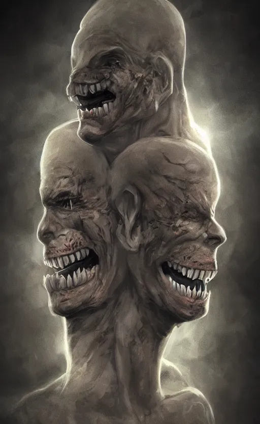 Prompt: full body portrait of of a two headed monster smiley creepily, dynamic lighting, photorealistic, fantasy concept art, ambient lighting, atmospherical, stunning visuals, creative, cinematic, ultra detailed, trending on art station