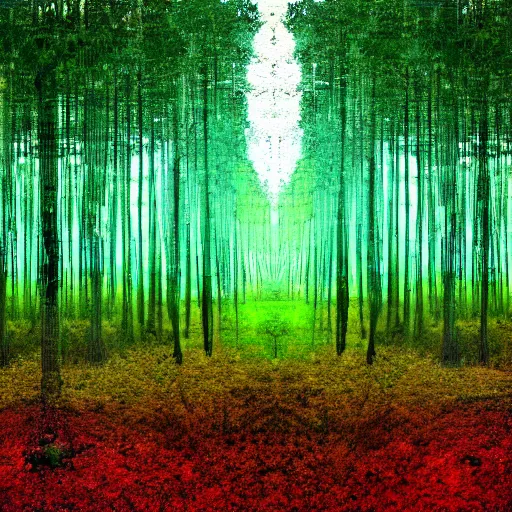 Prompt: An artificial intelligence in a forest turning trees into glitch bars, 4K art