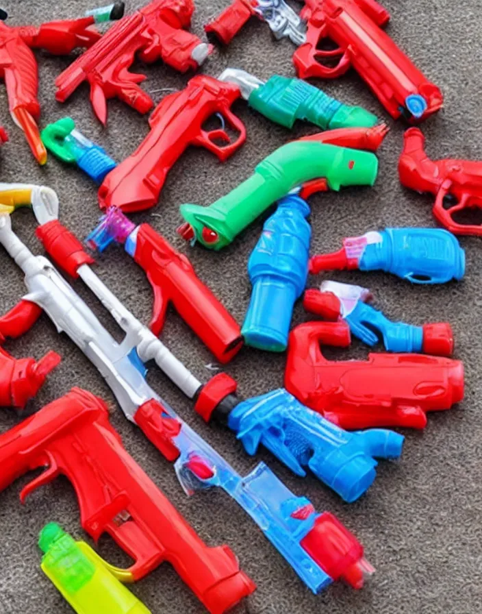 Prompt: bloods gang members showing off their plastic colorful water guns, bad quality, phone photo, leaked photo, paparazzi photo, realistic, 720p