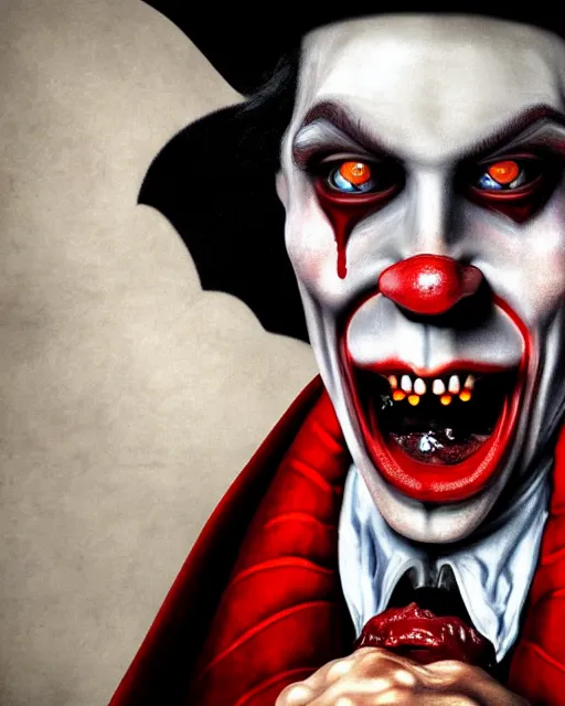 Image similar to dracula ronald mcdonald, character portrait, close up, concept art, intricate details, highly detailed, photorealism, hyperrealism in the style of otto dix and h. r giger