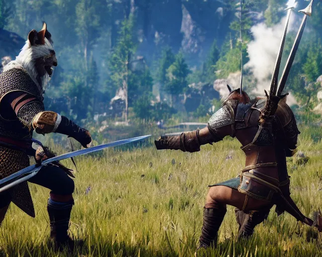 Image similar to gerald of rivia fighting furries from witcher 3 ( 2 0 1 5 videogame )