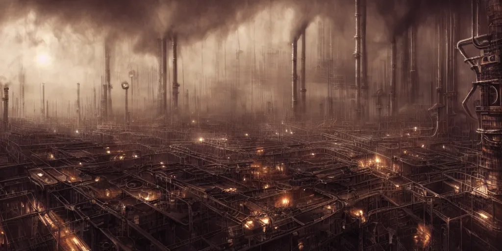 Image similar to futuristic dystopian endless, intricate, complex, labyrinthine, byzantine, tangled, industrial megafactory complex, smokestacks, pipelines and ducts and vents, matte painting, steampunk, smoke, night, gloomy, dark, dramatic, cinematic, volumetric lighting, gods eye view