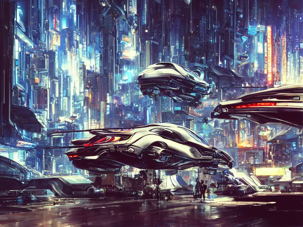 Prompt: hyperrealistic painting of a slice of life from a futuristic city, mechanical designs, futuristic cars, night, technological, cinematic, sharp focus, cyberpunk style, highly detailed, realism, acrylic on canvas, 8 k resolution, concept art, by noriyoshi ohrai, john berkey