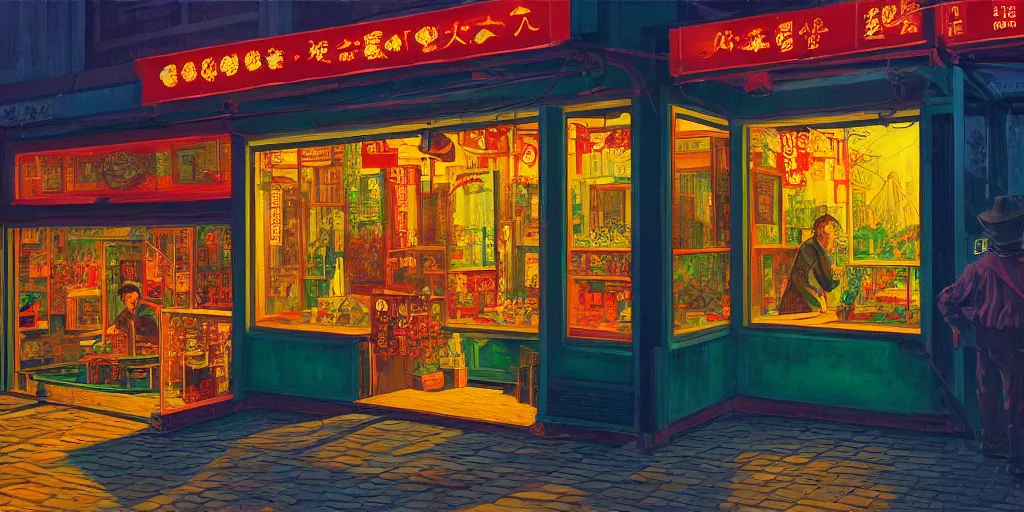 Image similar to s shop window in hong kong, by dan mumford and peter doig and edward hopper, highly detailed, dramatic lighting, 8 k