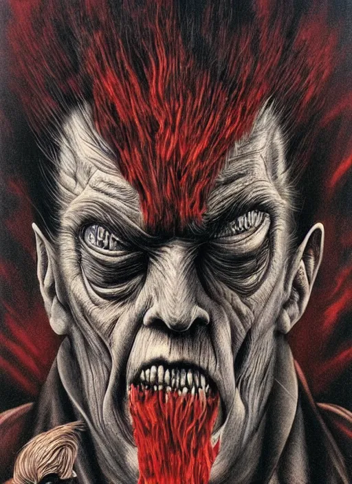 Image similar to donald trump's grotesque true form revealed, horror, high details, intricate details, by vincent di fate, artgerm julie bell beeple, 1 9 8 0 s, inking, vintage 8 0 s print, screen print