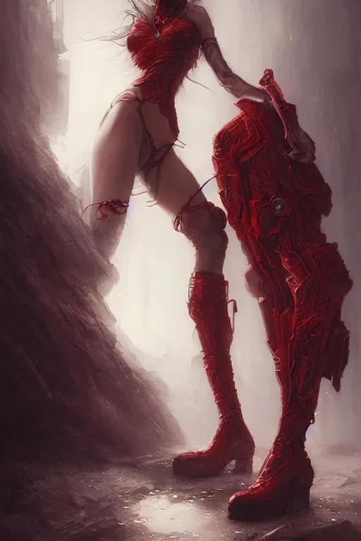 Image similar to red women's boots, shoes only, by wlop, by luis royo, by peter mohrbacher, concept art, digital illustration, intricate, masterpiece, elegant, super detailed, unreal engine rendering, smooth, sharp focus, artstation hq