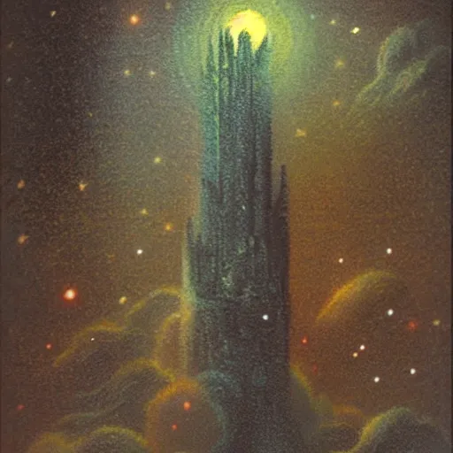 Prompt: auralwavewave tall misty galaxy cocobao crayola crayon heaven grain, by William Hogarth and Vincent Di Fate, matte painting, smooth tall fluffy hell vapor witch's garden tower phant