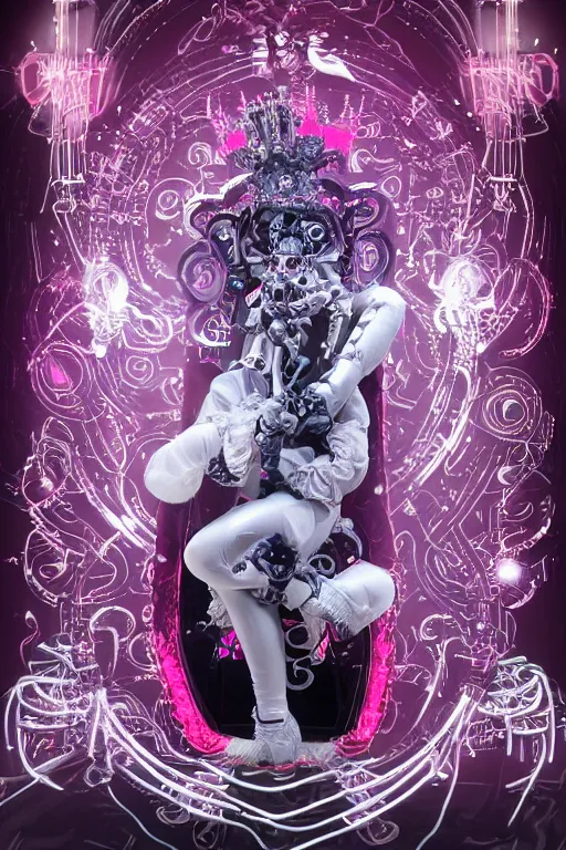 Image similar to full-body rococo and cyberpunk style neon statue of a young attractive portugues macho dotado android reclining sim roupa con piroca, glowing white laser eyes, prince crown of pink gears, diamonds, swirling silver-colored silk fabric. futuristic elements. full-length view. space robots. human skulls. intricate artwork by caravaggio. Trending on artstation, octane render, cinematic lighting from the right, hyper realism, octane render, 8k, depth of field, 3D