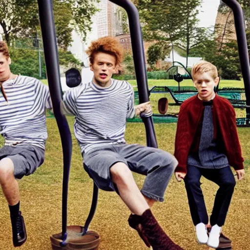 Image similar to an editorial shoot for Vogue featuring Male models sitting on playground swings, cute, harmless, silly