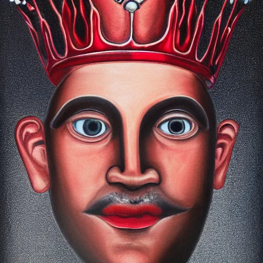 Image similar to man with a crown, smirk, photograph, black backgrounds, glowing red eyes, oil painting