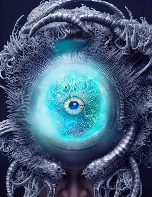 Image similar to eye of god macro close - up portrait with mask made of ram skull. betta fish, jellyfish phoenix, plasma, ice, water, wind, creature, super intricate ornaments artwork by tooth wu and wlop and beeple and greg rutkowski