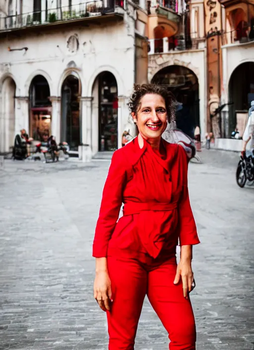 Image similar to color portrait of a beautiful 35-year-old smiling Italian woman, wearing a red outfit, candid street portrait in the style of annie leibovitz medium shot, detailed, award winning, Sony a7R
