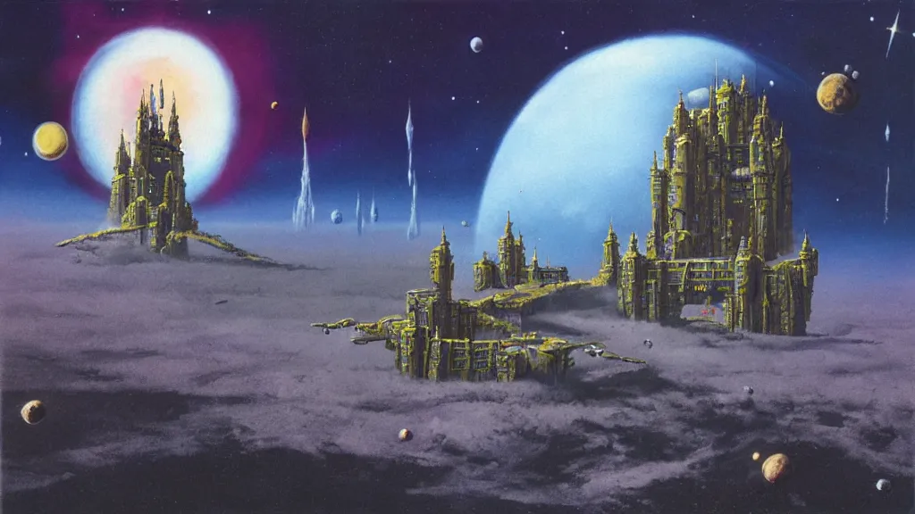 Image similar to a castle in outer space in the style of chris foss and rodger dean