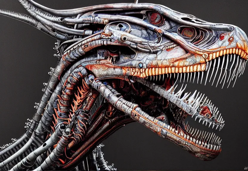 Prompt: extremely detailed. a colorful robotic mechanical tyrannosaurus rex. iridescent biomechanical giger ’ s xenomorph. the thing. detailed and intricate environment, hyperrealism, black background, detailed and intricate environment, reflective, dynamic lighting, rembrandt, 8 k