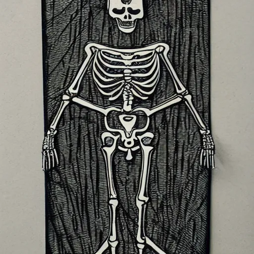 Image similar to tarot card style skeleton made from metal and wires, extremely detailed, line work, black and green, parchment, card, tarot, manuscript, 8 k