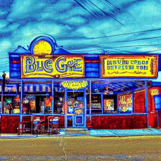 Prompt: the blue goose tavern. a big and famous roadside tavern. delicious fried pudding with sweet liquor is served here. digital art