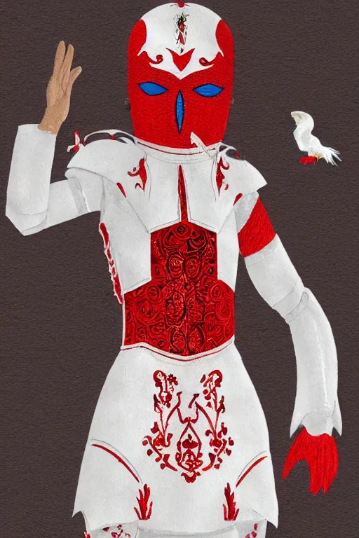 Prompt: female adventurer in tight full - body white embroidered leather armor of vyshyvanka design with red accents and a red porcelain crow mask, trending in artstation, ukrainian, artstation, big moon in the background, establishing shot