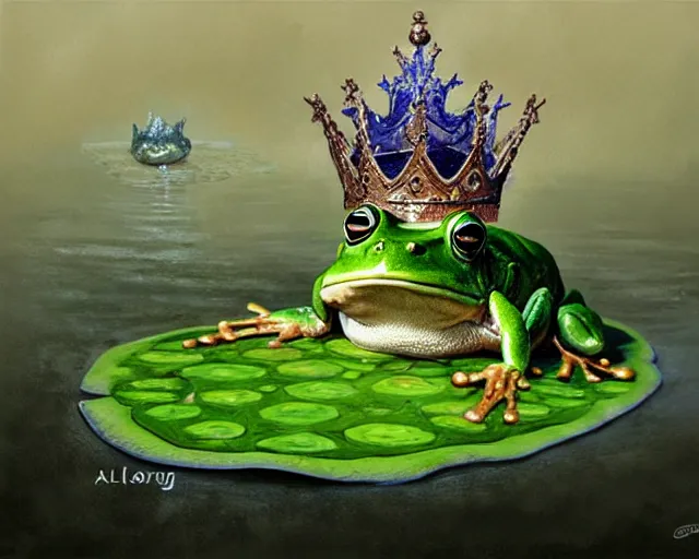 Prompt: the frog king, wearing a crown, sitting on a throne on a lily pad, fantasy concept art, digital painting, oil painting, hyperrealistic, highly detailed, artstation, cgsociety, by alan lee, by artgerm