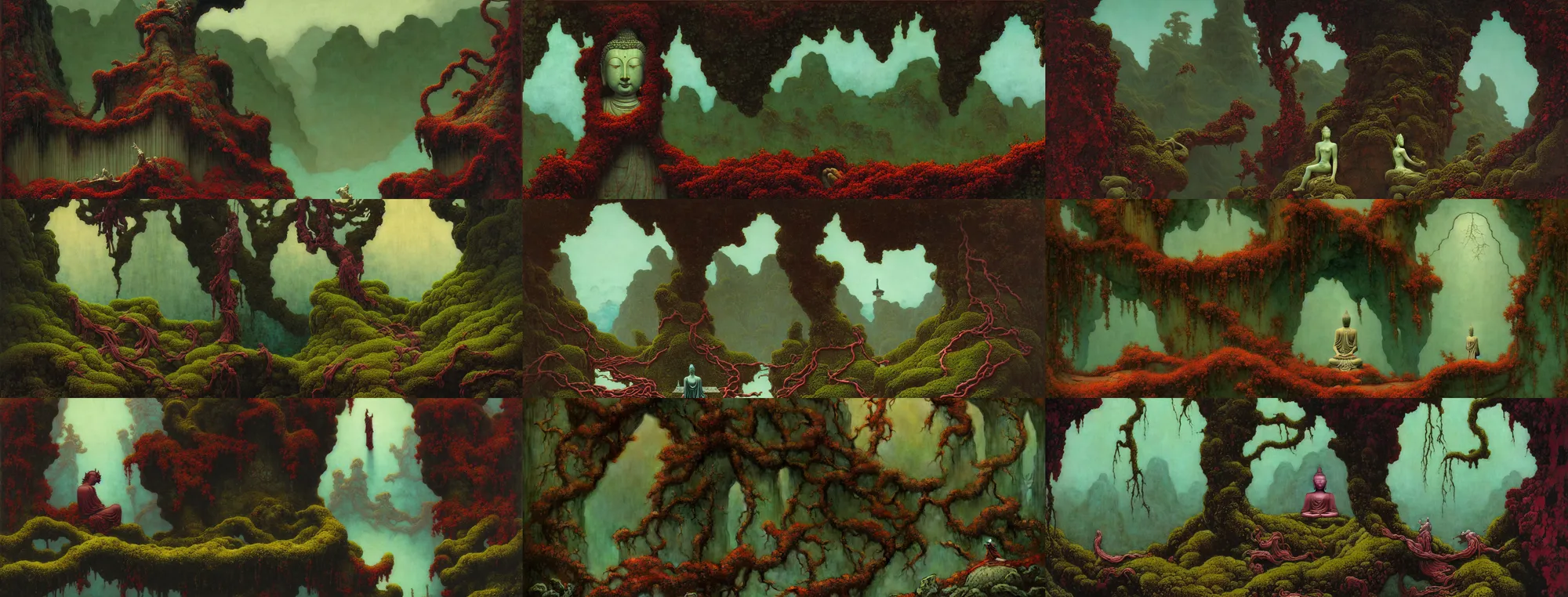 Prompt: a gorgeous bleak autumn painting by barlowe wayne, maxfield parrish, gustave dore and marco mazzoni. close - up shot on a lonely huge chinese buddha statue, broken, moss, stone gate to the dark cave, vines. tiffany blue, maroon, blackish green. the winding stone steps. ultra clear detailed. 3 d, octane render. turbulent blood lake.