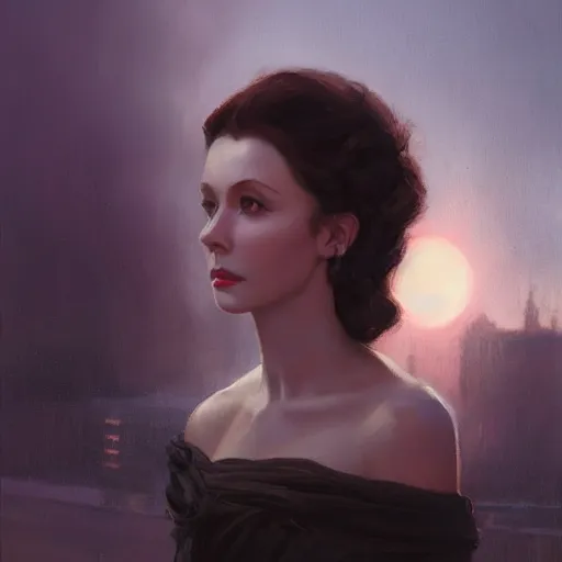 Image similar to portrait of a young vivian leigh, dramatic light, city background, night, moon, chiaroscuro, high detail, sharp, painted by greg rutkowski, painted by igor kieryluk, painted by bobby chiu, trending on artstation