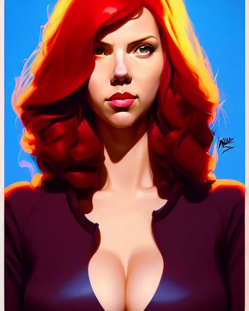 Prompt: peter mohrbacher, phil noto, artgerm, pretty scarlett johansson as april o'neil, symmetrical eyes, short red hair