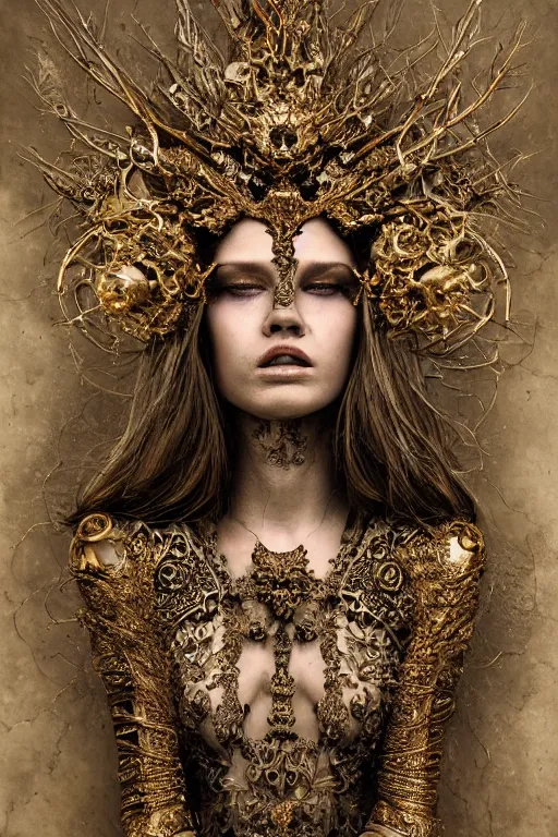 Image similar to a portrait of female by stefan geselle and nekro borja, photorealistic, intricate details, hyper realistic, fantasy, elegant, ornate metal gold headpiece, photorealistic, canon r 3, photography, wide shot, symmetrical features, wide angle shot, low angle shot, standing pose, feet on the ground, wearable art