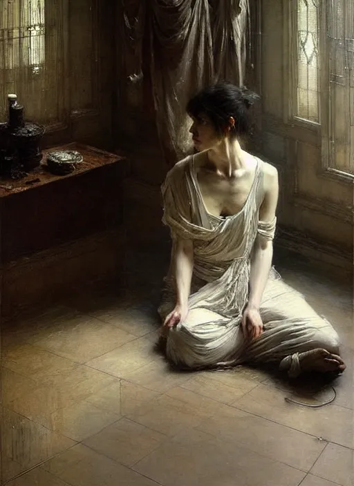 Image similar to a beautiful woman sitting in the floor, inside a modern apartment, intricate oil painting, hyperdetailed, ominous, ethereal, dramatic lighting, by jeremy mann and ruan jia and lawrence alma - tadema