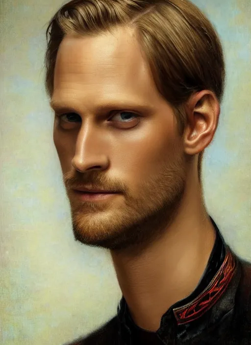 Prompt: A beautiful portrait of a Alexander Skarsgard, frontal, digital art by Eugene de Blaas and Ross Tran, vibrant color scheme, highly detailed, in the style of romanticism