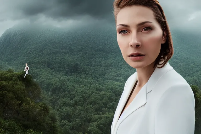 Prompt: a cinematic headshot portrait of a beautiful middle aged woman, wearing futuristic white suit on the top of a mountain, overlooking a vast serene forest, large diffused light, neon light, 4 k, ultra realistic, dramatic lighting, rain, clouds, fog, vogue, fashion, glamour, magazine spread, by marco mazzoni and jessica rossier