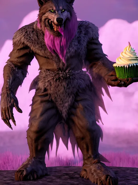 Prompt: cute handsome cuddly burly surly relaxed calm timid werewolf from van helsing holding a cute cupcake with pink frosting unreal engine hyperreallistic render 8k character concept art masterpiece screenshot from the video game the Elder Scrolls V: Skyrim