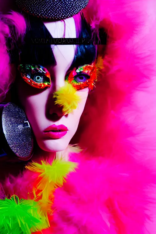 Image similar to realistic photoshooting for crazy fashion catwalk, couture, bright colors, vhs colour photography, fashion photography, vogue, 8 0 mm lens, 1. 2 aperture, cinematic light