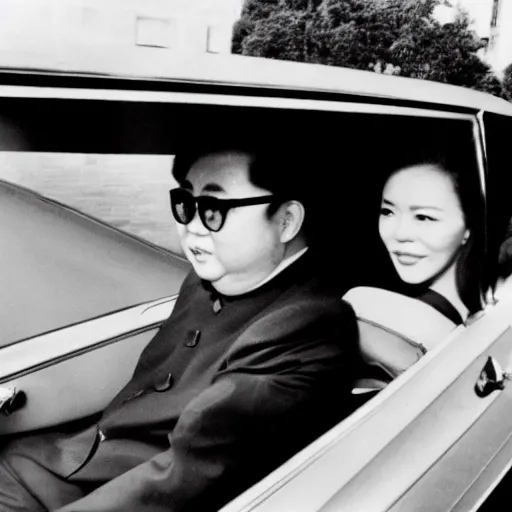 Image similar to 1960s press archive of the actress Kim Jong-il coming out of a car, faces obscured, Reuters, 35mm film, film grain, mysterious exterior, underexposed