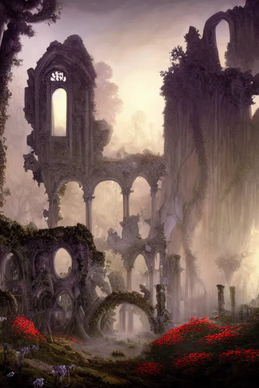 Image similar to a beautiful digital illustration painting of a detailed gothic fantasy ruins and roots, dark mushroom, flowers by benoit b. mandelbrot, steven belledin, martin johnson heade, lee madgwick, caspar david friedrich, and david rios ferreira. 8 k resolution trending on artstation concept art digital illustration