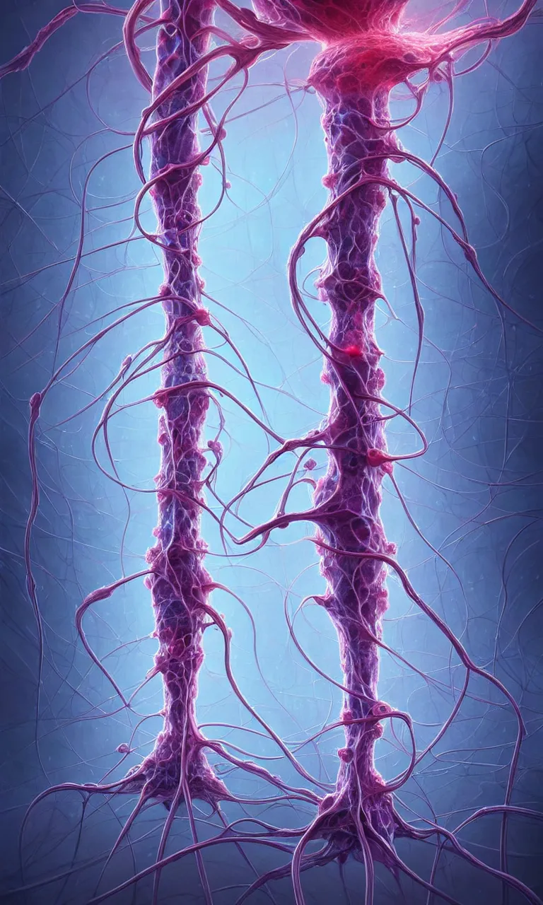 Image similar to internal lymphocyte virion rawandrendered synaptic fractality transmission embryonic umbilical child figure glial neurons cyberpunk nerve cells microscopic hyphae by wojtekfus facey rossdraws. neuronal iridescent megacity neuron synapse by beksinski. # imaginativerealism