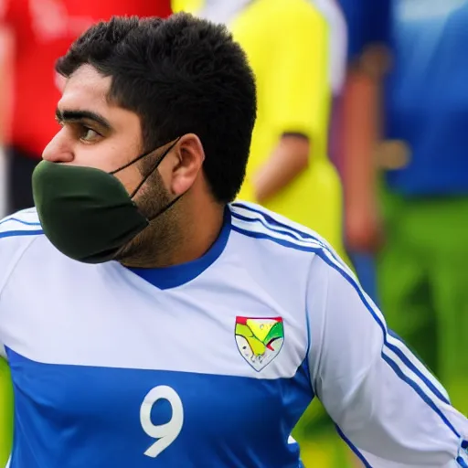 Prompt: overweight kurdish soccer player with face mask